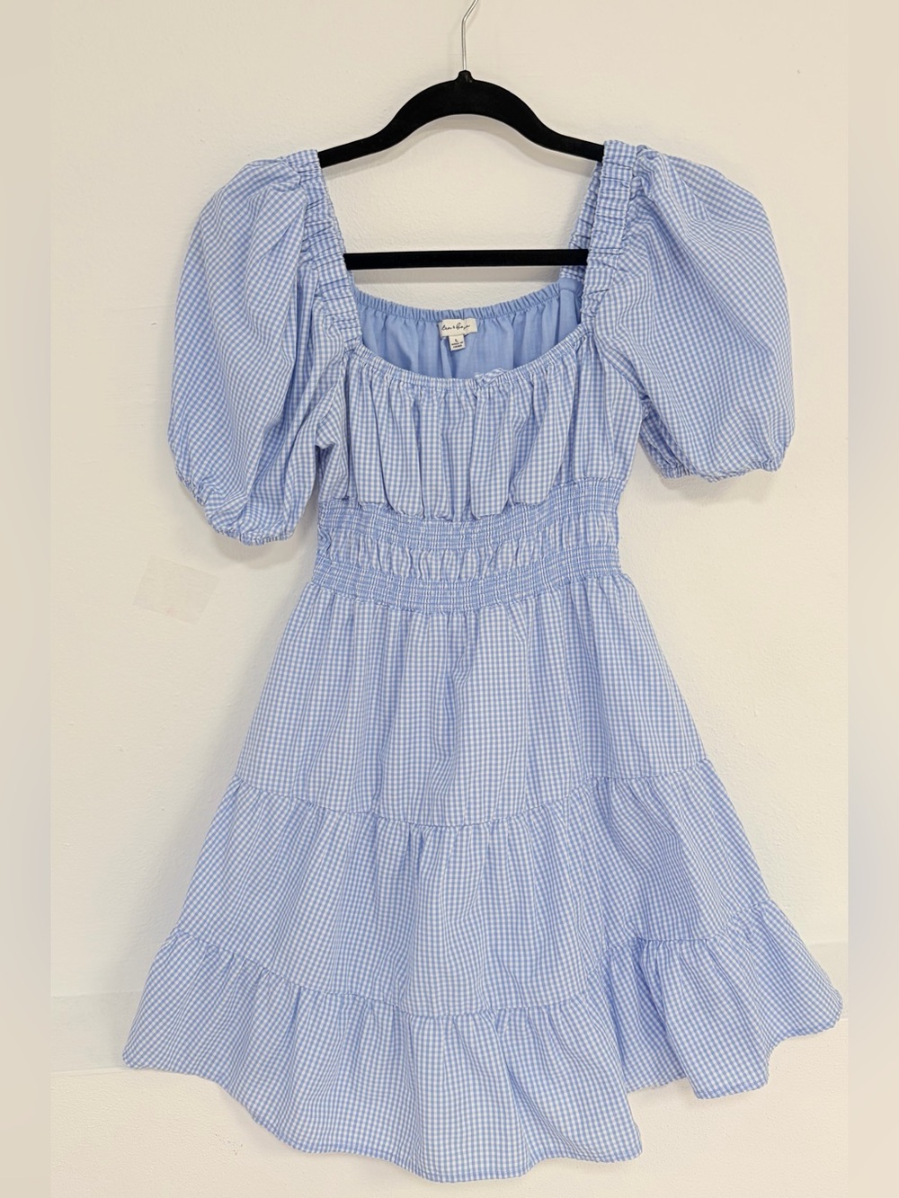 Smocked Puff-Sleeve Gingham Dress - Light Blue Summer Lightweight